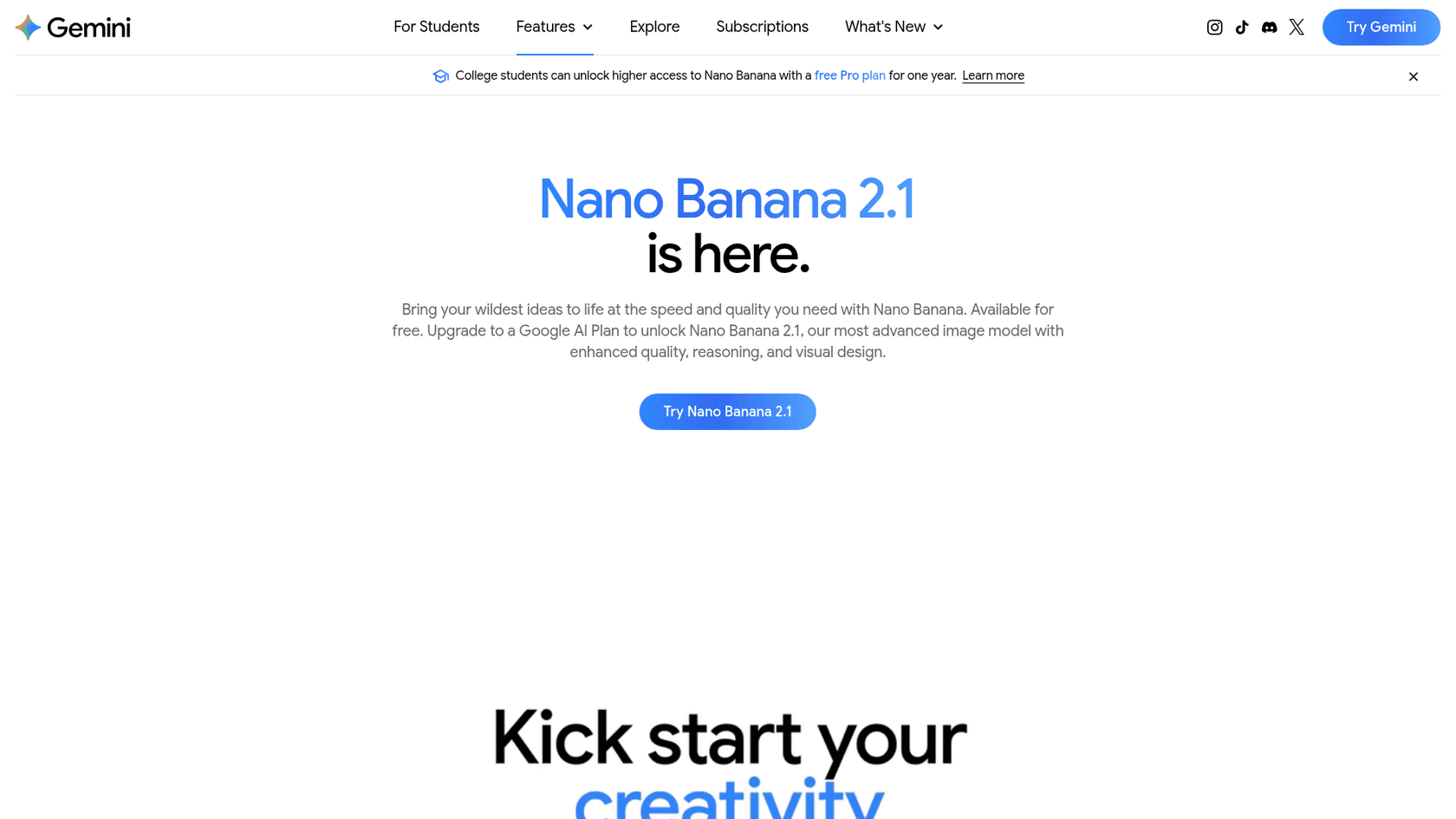 Google Gemini page announcing "Nano Banana 2.1 is here" with a Try Nano Banana 2.1 button, as taken from Google Gemini