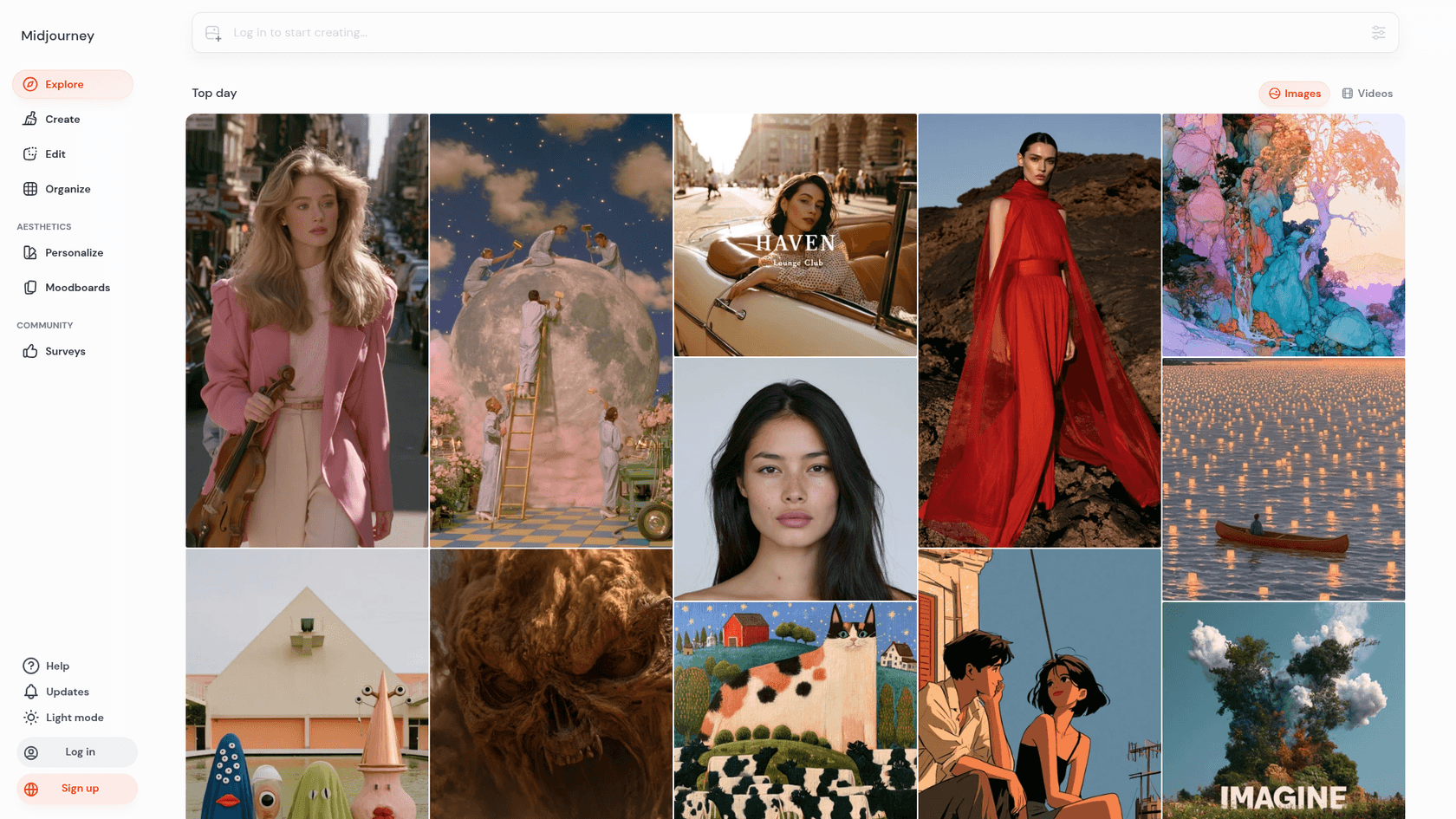 Midjourney web app Explore page with a left sidebar for Explore, Create, Edit and Organize and a grid of community images, as taken from Midjourney