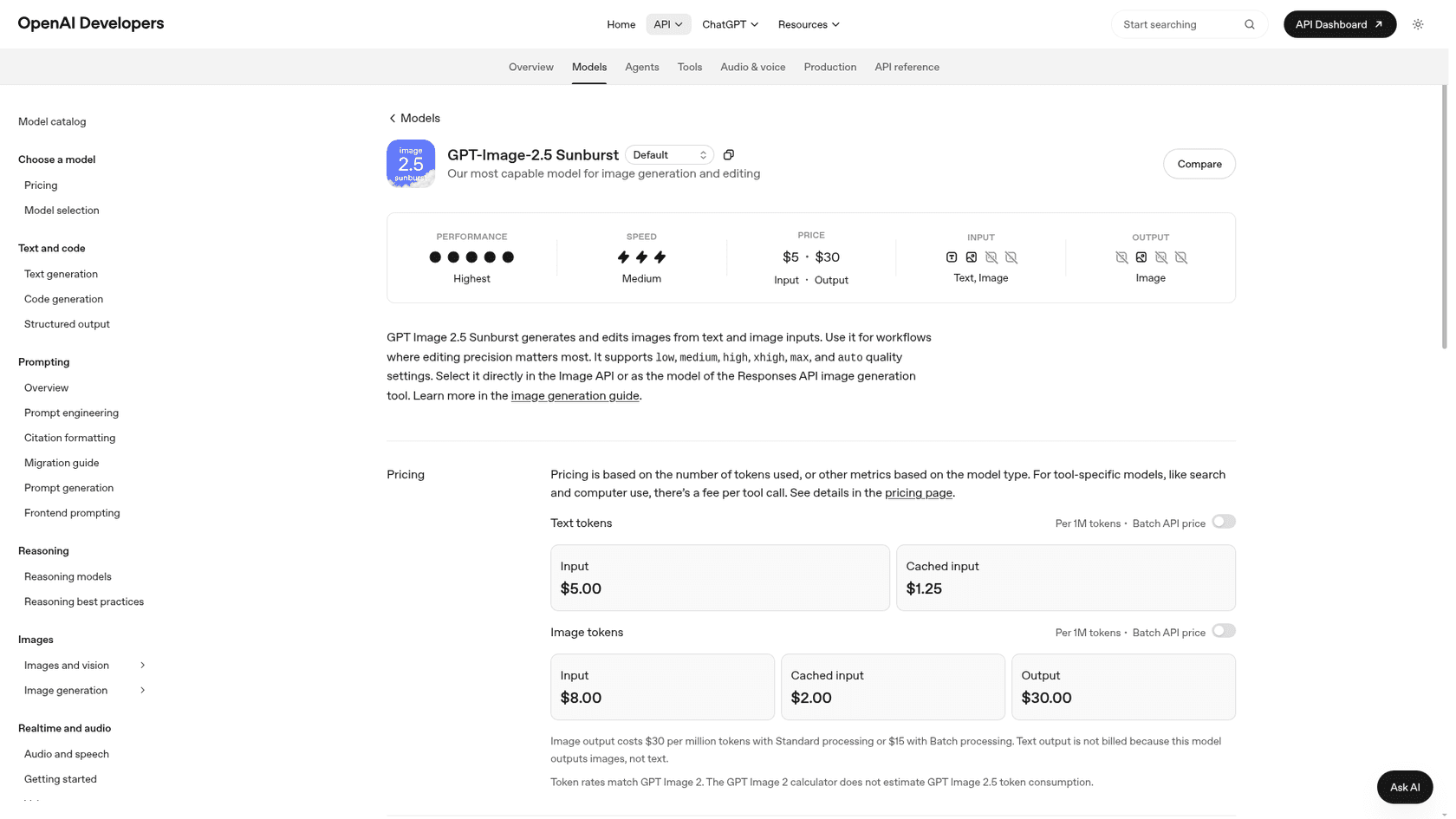 OpenAI developer docs page for GPT-Image-2.5 Sunburst showing text token prices of $5.00 input and $1.25 cached, and image token prices of $8.00 input, $2.00 cached and $30.00 output, as taken from OpenAI