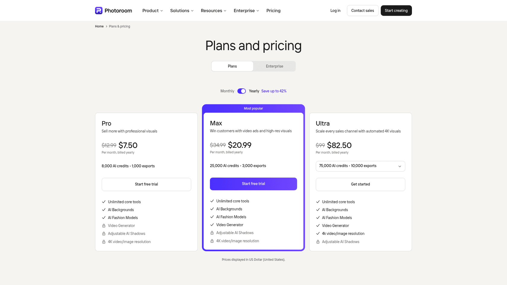 Photoroom pricing page showing Pro at $7.50, Max at $20.99 and Ultra at $82.50 per month billed yearly, with AI credits and exports per plan, as taken from Photoroom