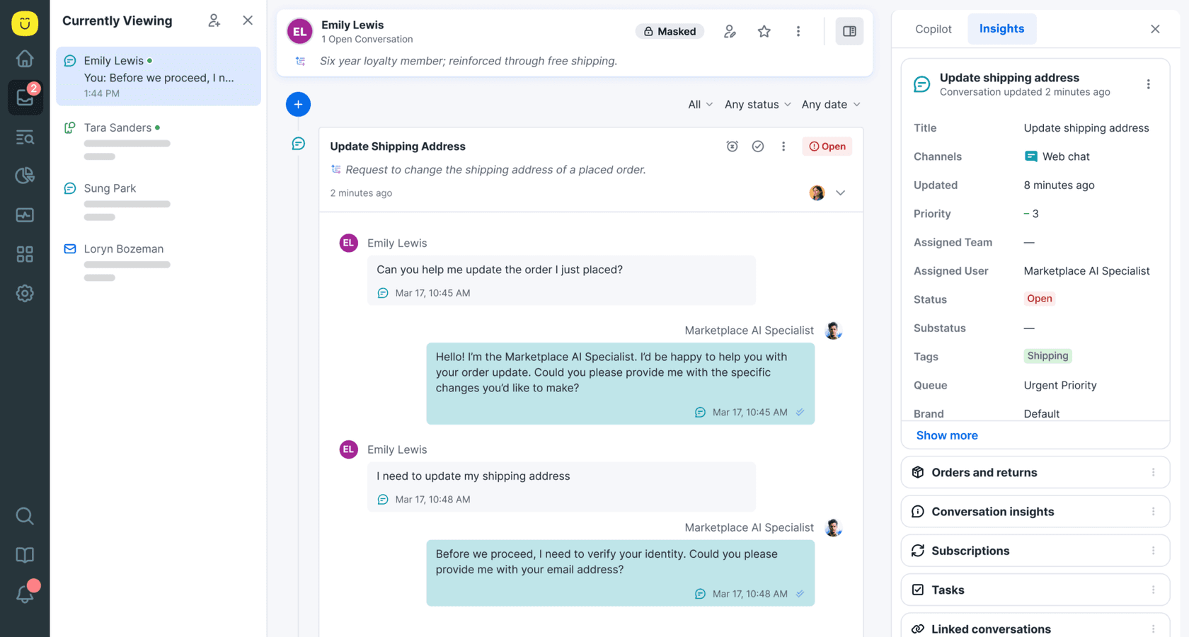 Workspace de agente Kustomer lidando com uma conversa de envio
