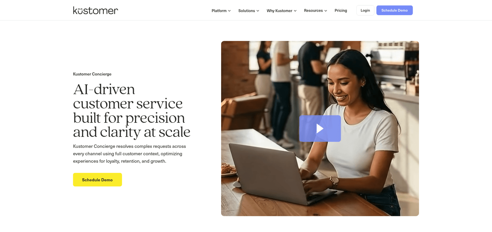 Kustomer Concierge page, "AI-driven customer service built for precision and clarity at scale", as taken from Kustomer