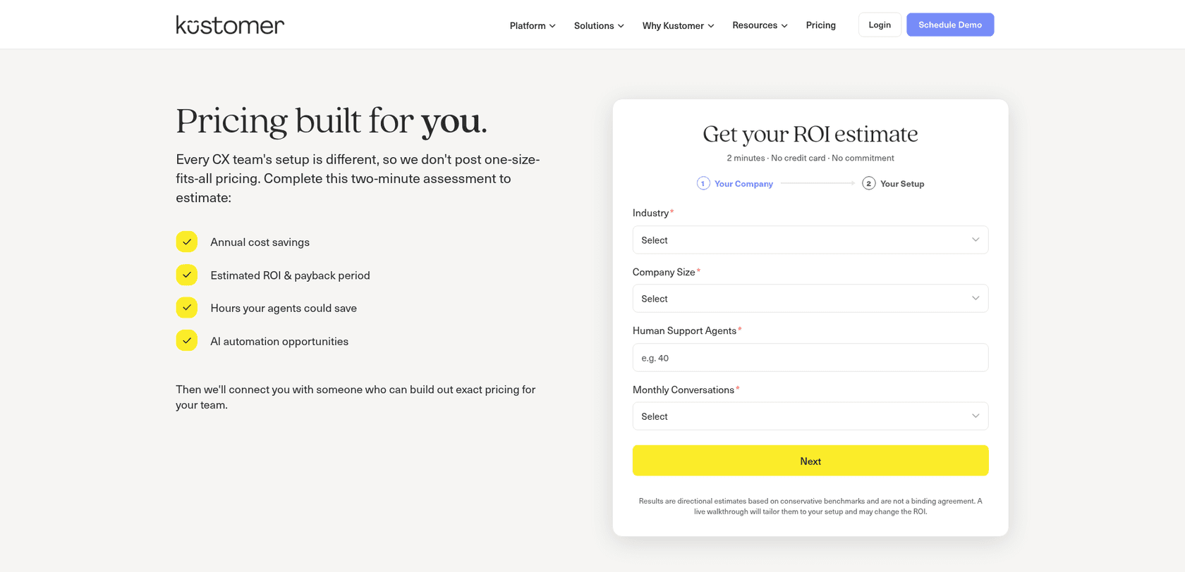 Kustomer pricing page with the headline "Pricing built for you" and an ROI estimate form instead of plan prices, as taken from Kustomer