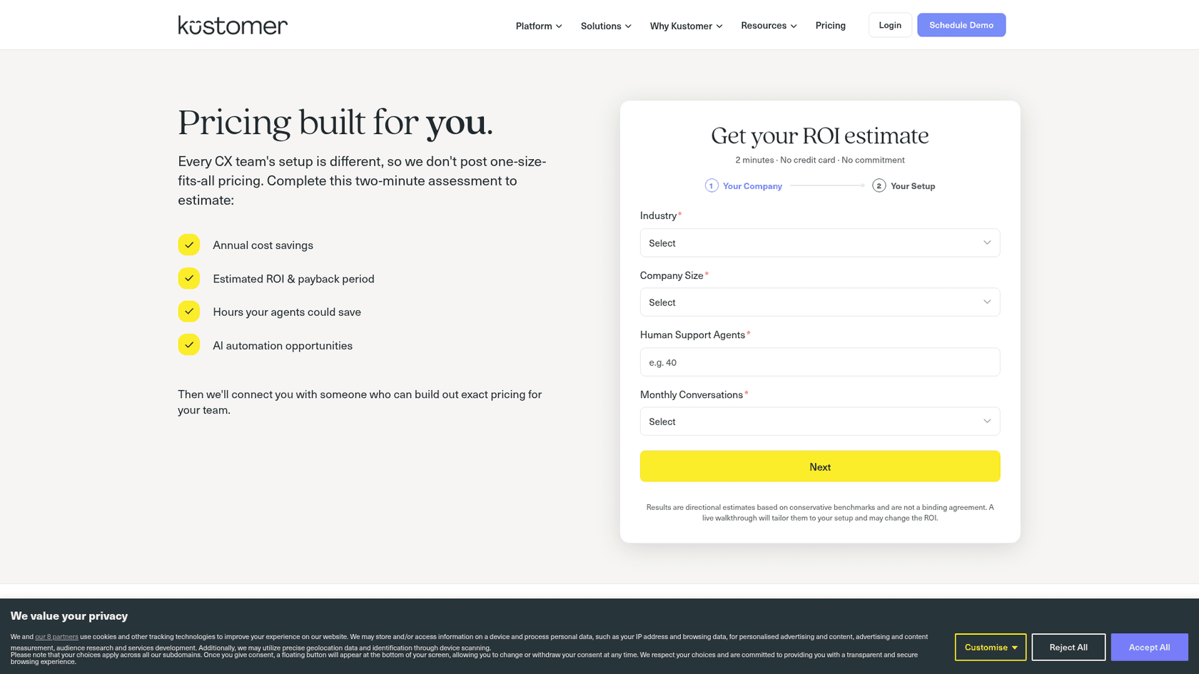 Kustomer's pricing page as of October 2026, showing the ROI estimate form that replaces a price list