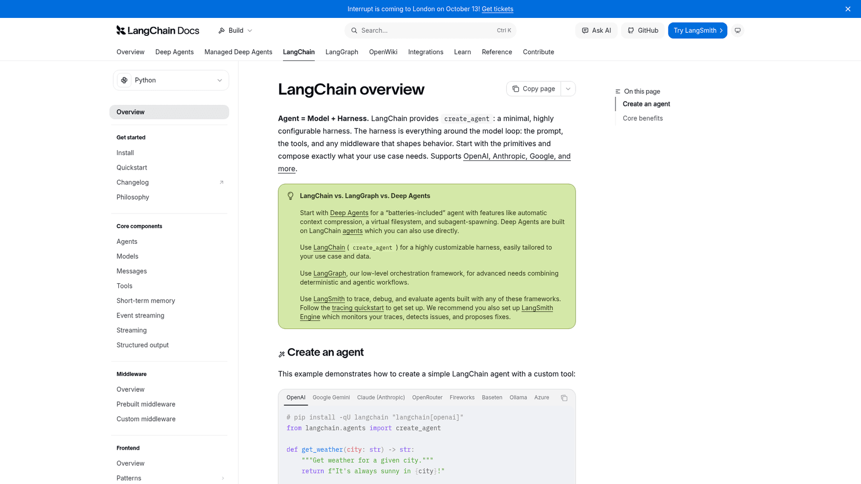 The LangChain docs overview comparing LangChain, LangGraph, and Deep Agents, as taken from the LangChain docs