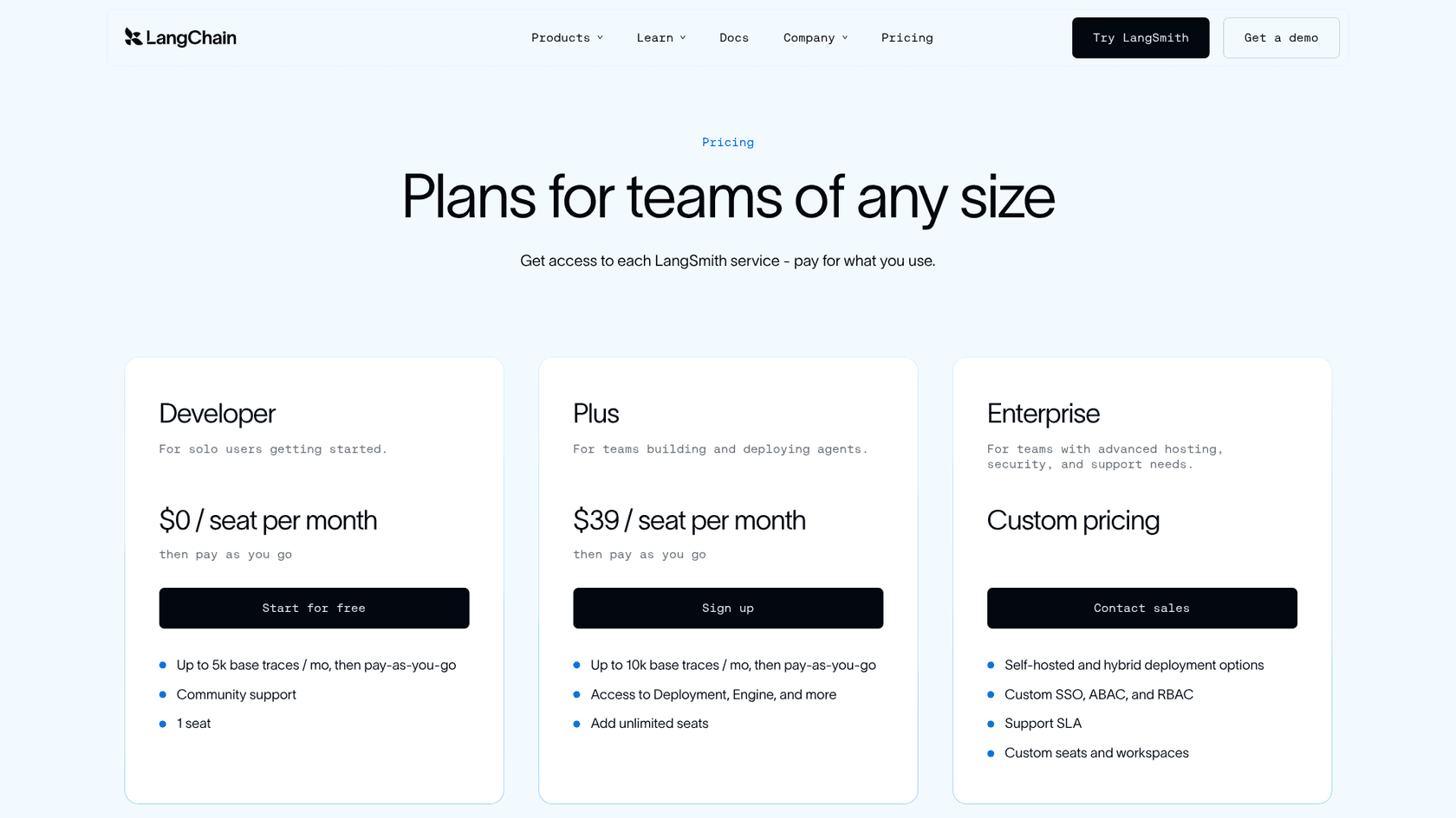 The LangSmith pricing page with Developer, Plus, and Enterprise plans, as taken from LangChain
