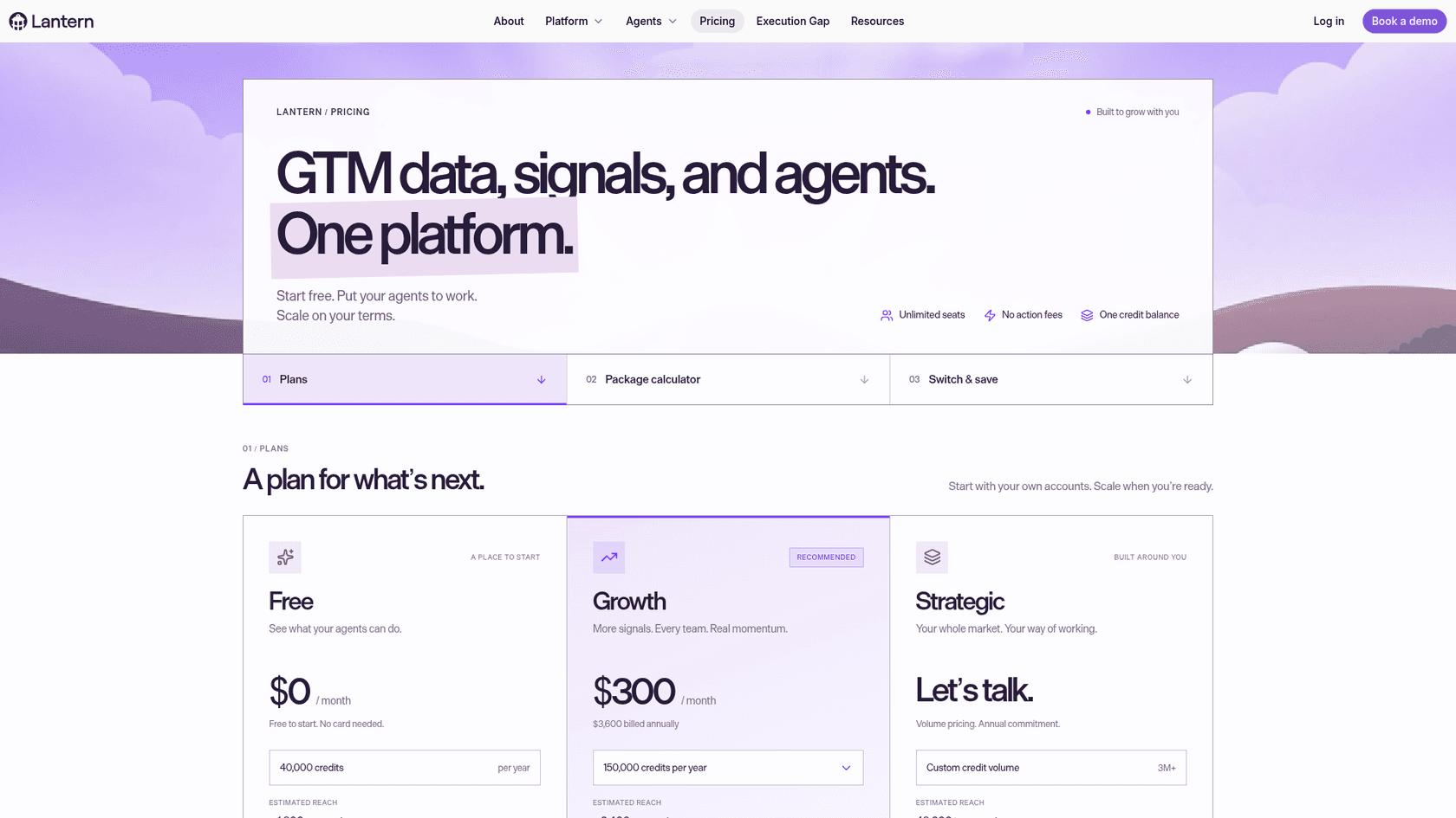 Lantern pricing page showing Free, Growth and Strategic plans with unlimited seats, as taken from Lantern