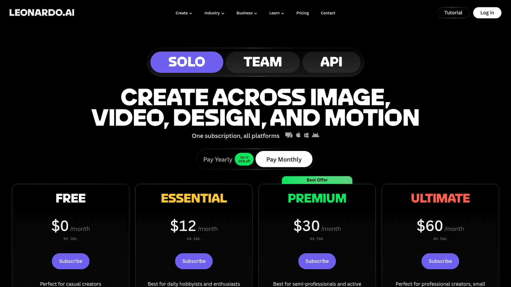 Leonardo AI pricing page showing the Free plan at 150 tokens a day and paid plans from $12 a month, as taken from Leonardo