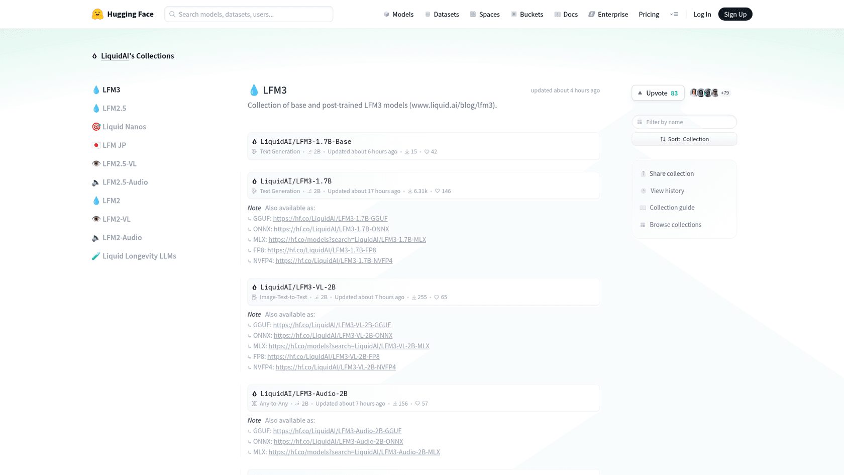 The LFM3 collection on Hugging Face, listing LFM3-1.7B-Base, LFM3-1.7B, LFM3-VL-2B and LFM3-Audio-2B with GGUF, ONNX, MLX, FP8 and NVFP4 variants, as taken from Hugging Face