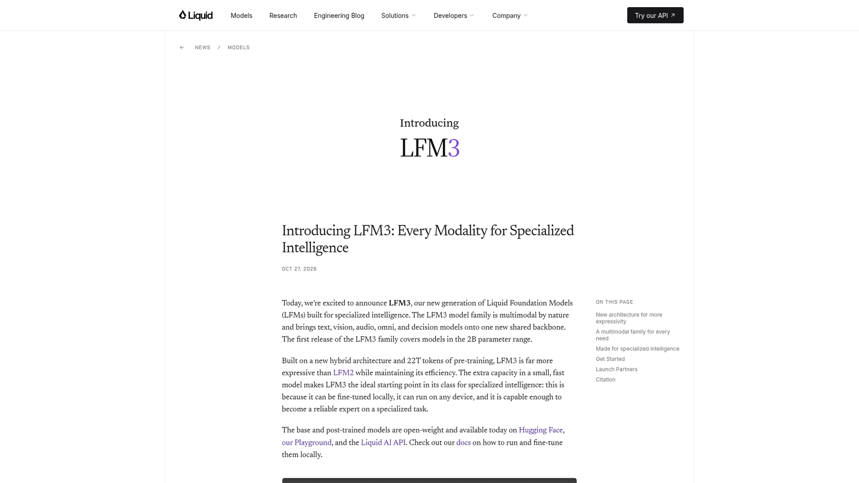The LFM3 launch announcement page on the Liquid AI blog, as taken from Liquid AI