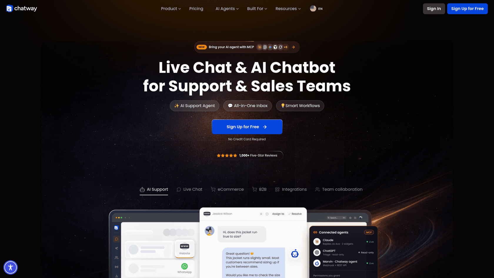 Chatway homepage headline Live Chat and AI Chatbot for Support and Sales Teams, with an inbox mock-up and a Sign Up for Free button, as taken from Chatway