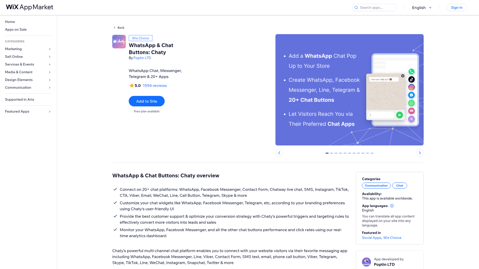 Chaty listing on the Wix App Market with a Wix Choice badge, a 5.0 rating from 1,594 reviews, and a preview of WhatsApp and social chat buttons, as taken from the Wix App Market