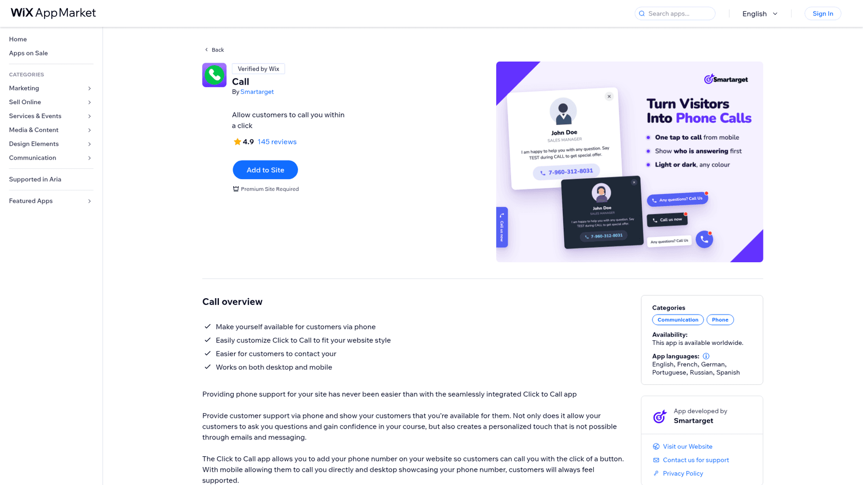 Smartarget Call listing on the Wix App Market, with a 4.9 rating from 145 reviews, a Premium Site Required note, and a preview of one-tap call buttons, as taken from the Wix App Market