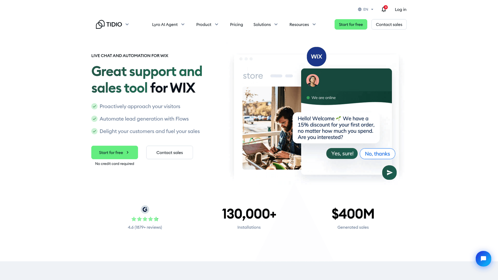 Tidio's Wix page with the headline Great support and sales tool for Wix, a store chat offering a 15 percent first-order discount, and a 4.6 rating from 1,879 G2 reviews, as taken from Tidio