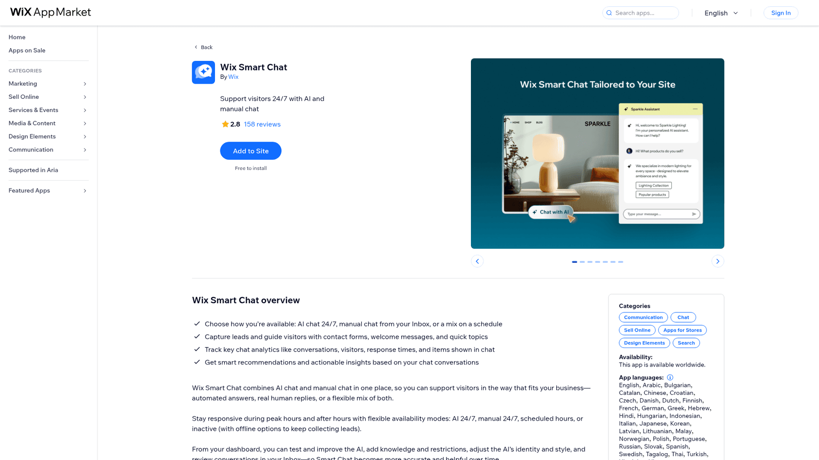 Wix Smart Chat listing on the Wix App Market, showing a 2.8 rating from 158 reviews, Free to install, and a preview of an AI assistant answering a store visitor, as taken from the Wix App Market