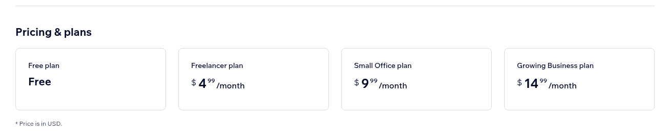 The Pricing and plans section of the Live Chat Alternative listing, showing four cards: Free plan Free, Freelancer plan $4.99 a month, Small Office plan $9.99 a month and Growing Business plan $14.99 a month, with a note that price is in USD, as taken from the Wix App Market