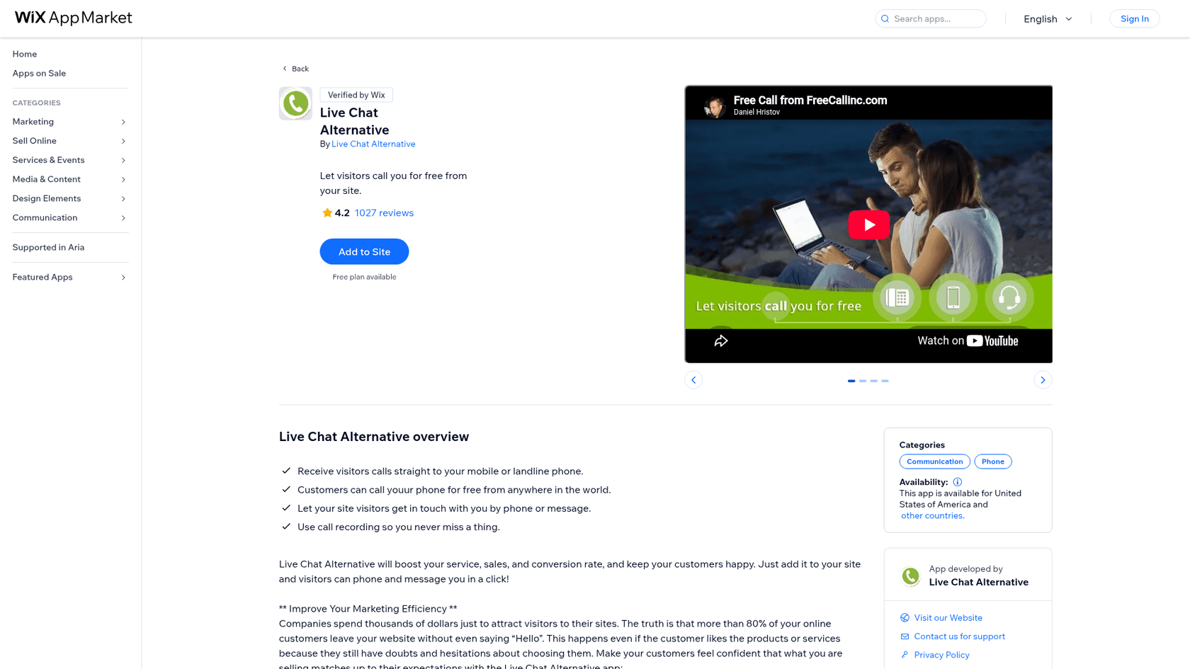 The Live Chat Alternative listing on the Wix App Market, showing the Verified by Wix badge, a 4.2 rating from 1,027 reviews, the Add to Site button and the Free Call demo video, as taken from the Wix App Market