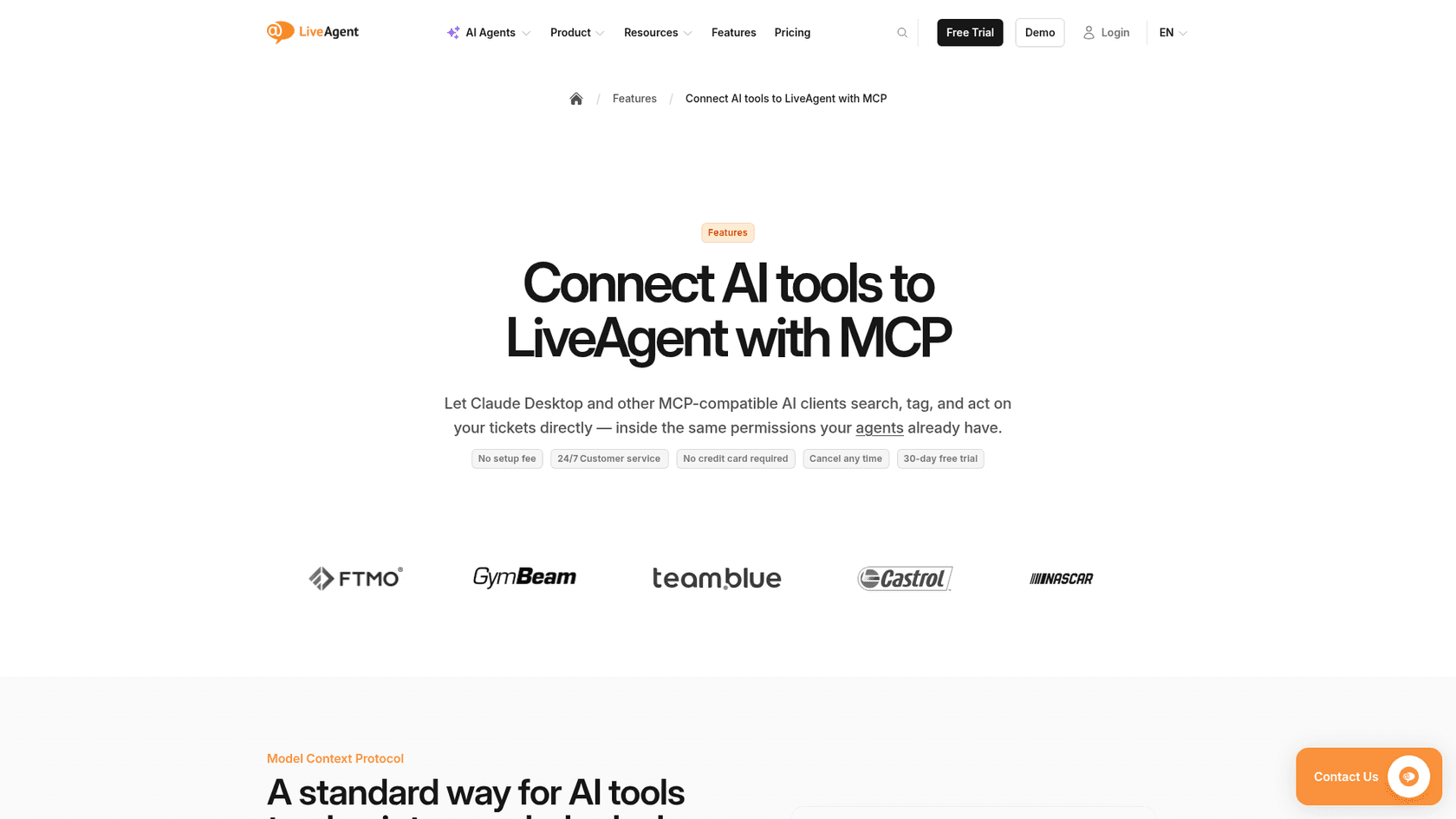 LiveAgent's MCP server page, which lets AI clients such as Claude Desktop work with live tickets, as taken from LiveAgent
