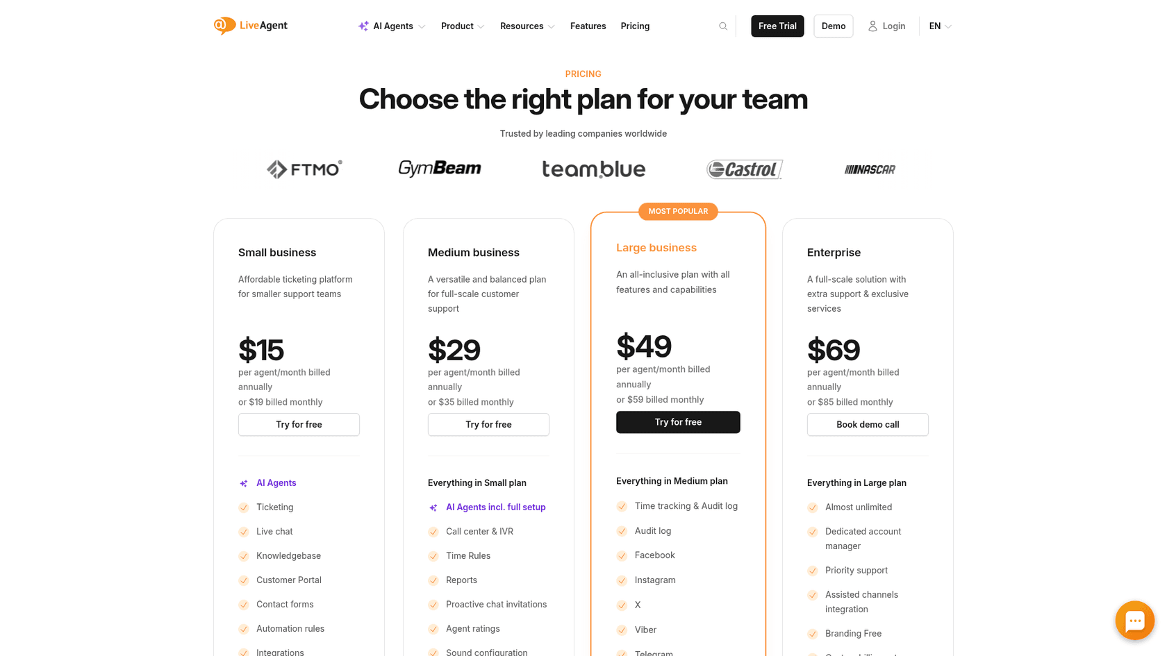 LiveAgent pricing page, as taken from LiveAgent