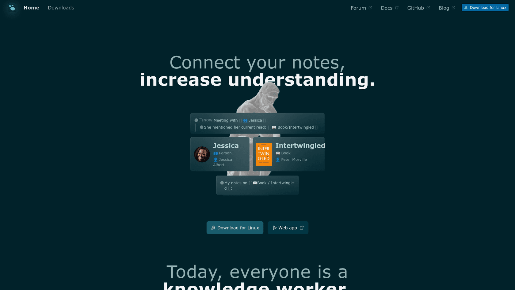 Logseq's homepage showing linked notes and an outliner, as taken from Logseq