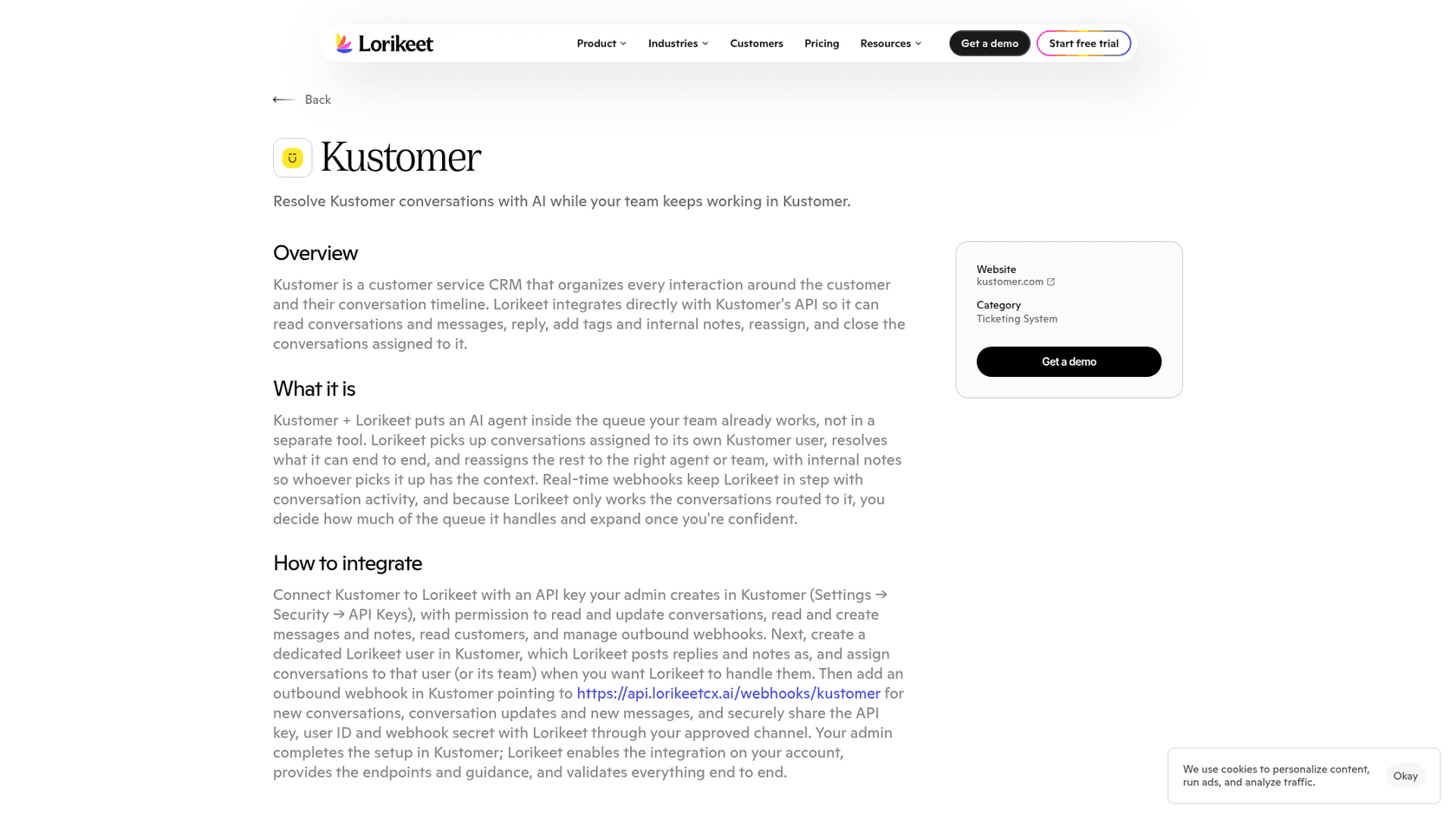Lorikeet's Kustomer integration page, "Resolve Kustomer conversations with AI while your team keeps working in Kustomer", as taken from Lorikeet