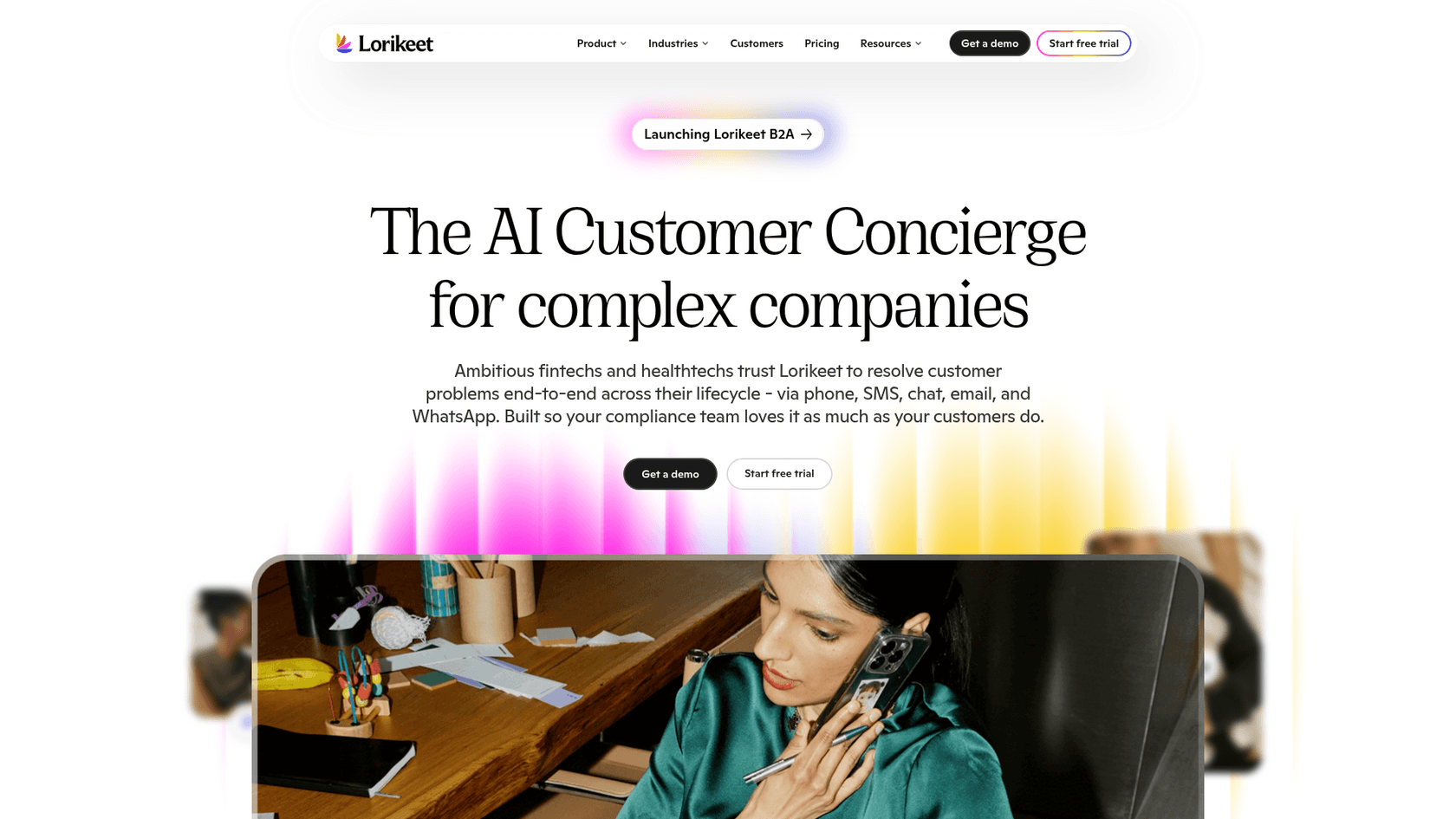 Lorikeet homepage describing an AI customer concierge for complex companies, trusted by fintechs and healthtechs, as taken from Lorikeet