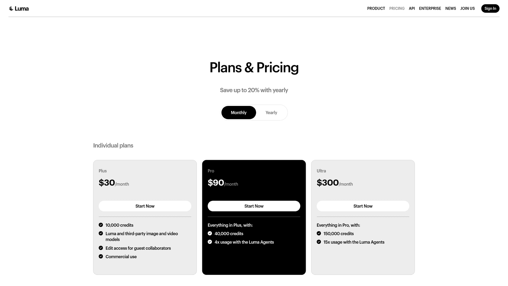 Luma's Plans & Pricing page with the Plus, Pro, and Ultra plans, as taken from Luma