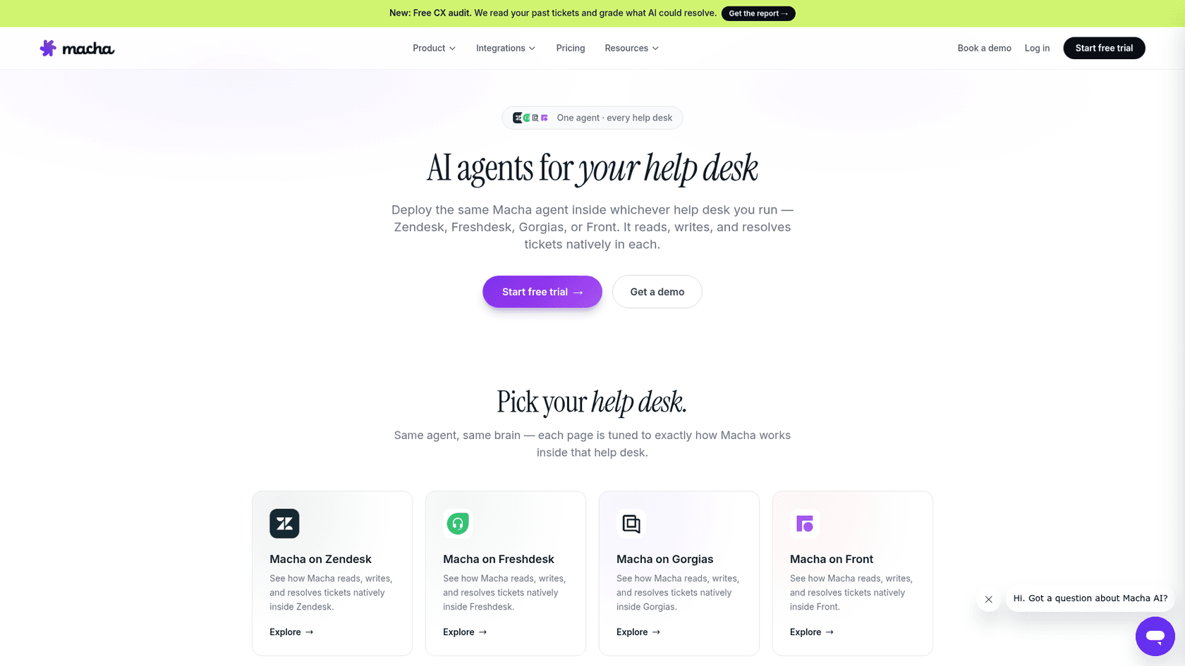 Macha's help desk page showing one agent deployed across Zendesk, Freshdesk, Gorgias and Front, as taken from Macha