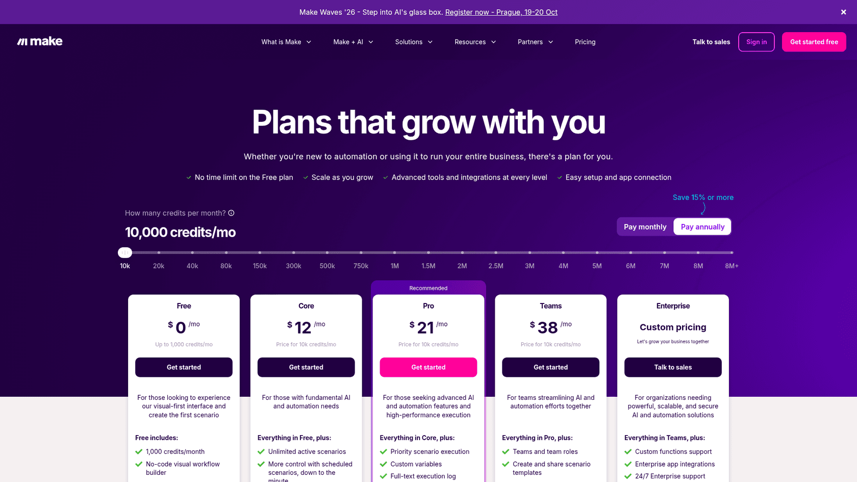 Make pricing page showing Free, Core, Pro, Teams and Enterprise plans priced per 10,000 credits a month, as taken from Make
