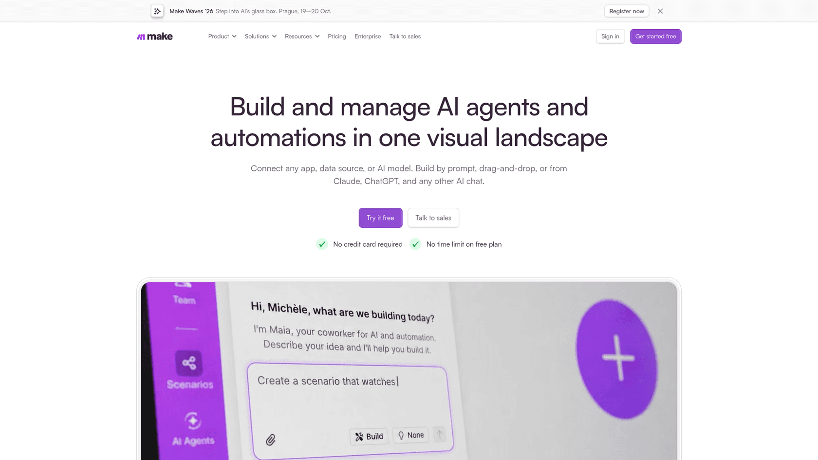 Make's homepage reading "Build and manage AI agents and automations in one visual landscape", with Maia asking what to build today, as taken from Make