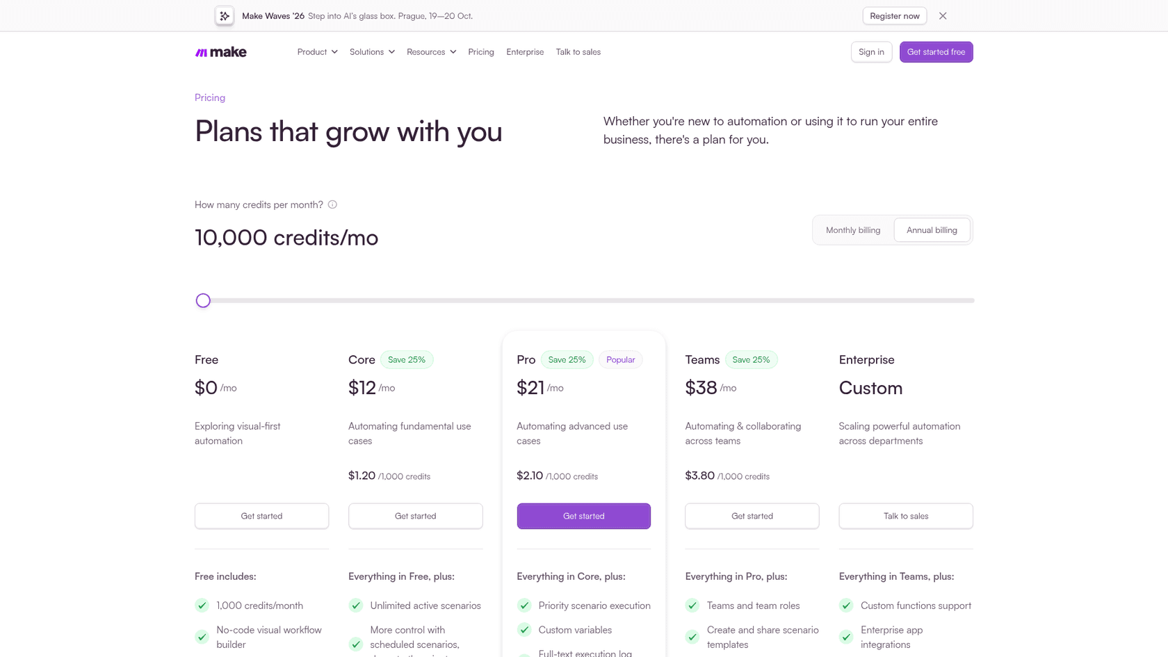 Make's pricing page at 10,000 credits a month showing the second price card, with Core at $12, Pro at $21 and Teams at $38 per month and "Save 25%" badges, as taken from Make