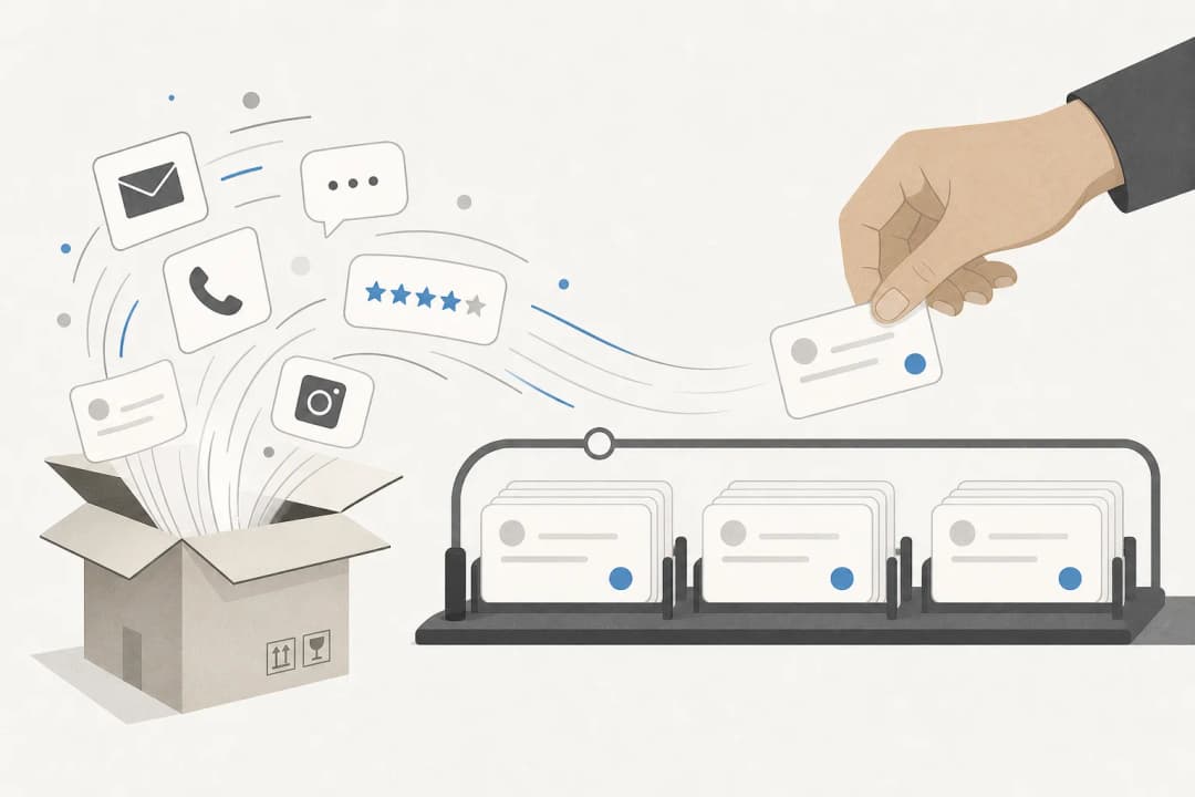 Ilustração de mensagens de clientes saindo de uma caixa de envio, organizadas em cartões, enquanto uma mão humana retira um cartão como exceção