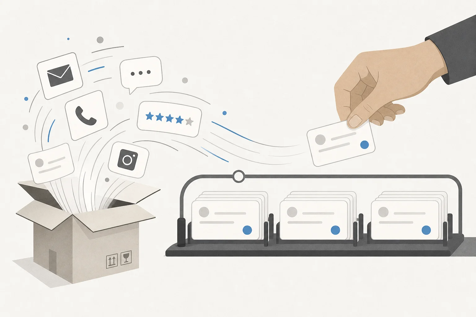 Ilustração de mensagens de clientes saindo de uma caixa de envio, organizadas em cartões, enquanto uma mão humana retira um cartão como exceção