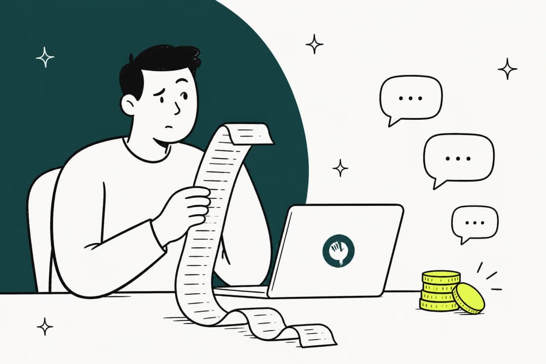 Ilustração de um fundador de ecommerce lendo um recibo comprido ao lado de um notebook com o logotipo do Chatdesk, para um artigo sobre os preços do Chatdesk