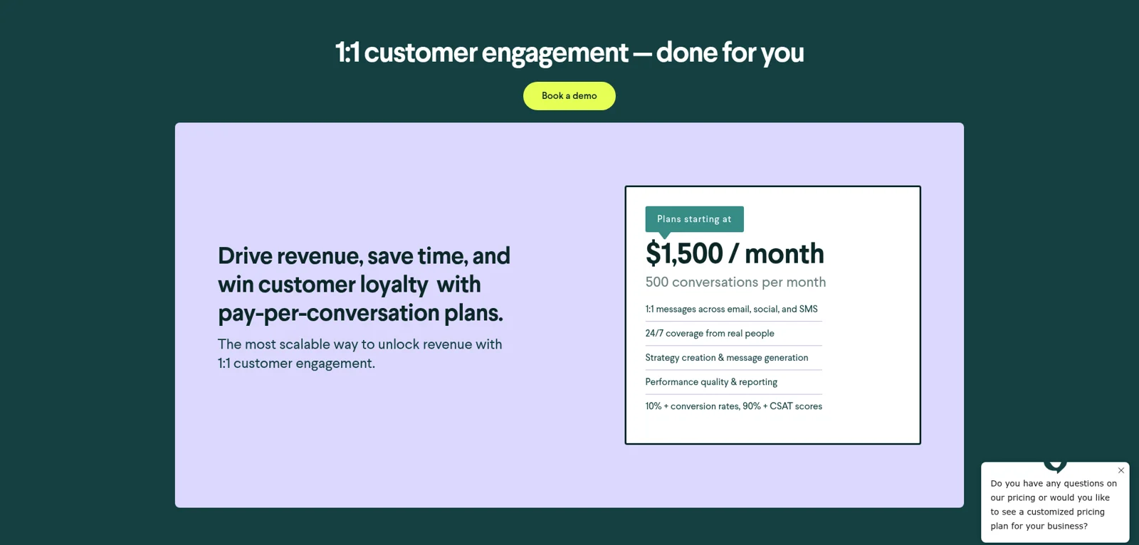 A página de preços do Chatdesk ao vivo mostrando um plano: US$ 1.500 por mês para 500 conversas, retirado do Chatdesk