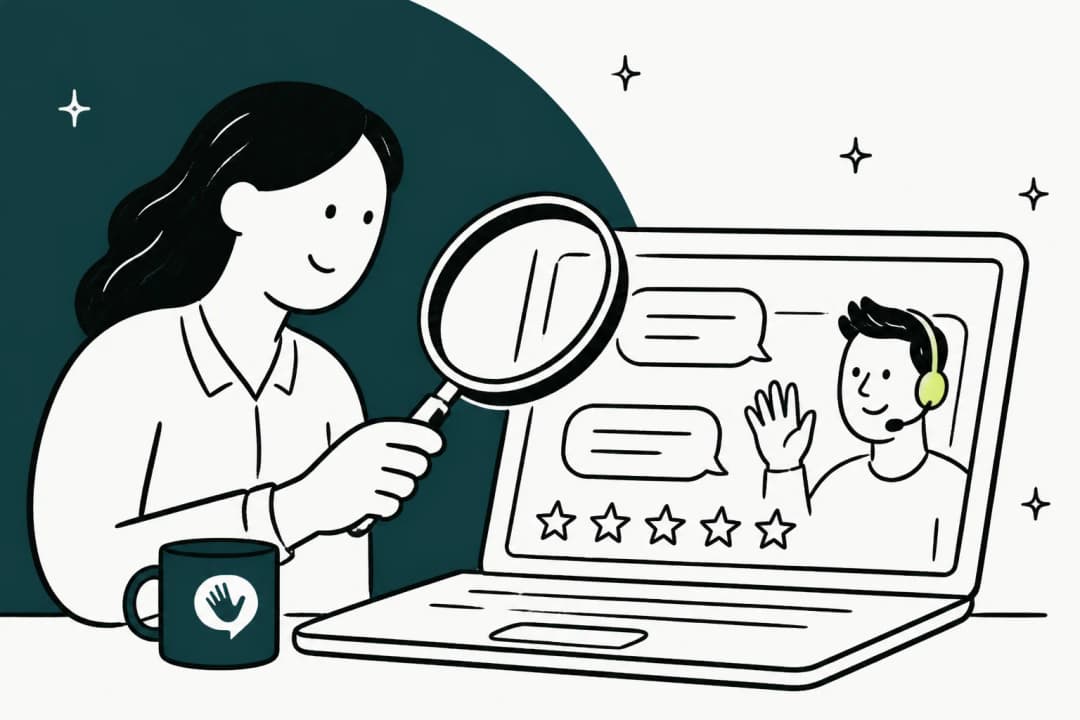 Ilustração de uma gerente de suporte examinando a janela de chat de um notebook com uma lupa, ao lado de uma caneca do Chatdesk, para uma avaliação do Chatdesk