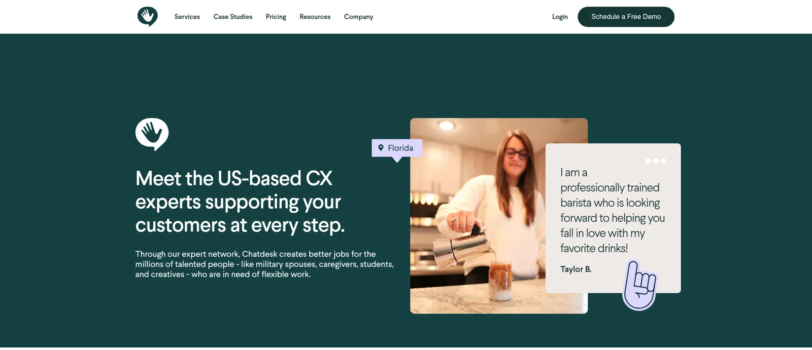 A página de especialistas do Chatdesk: "Meet the US-based CX experts supporting your customers at every step", retirada do Chatdesk