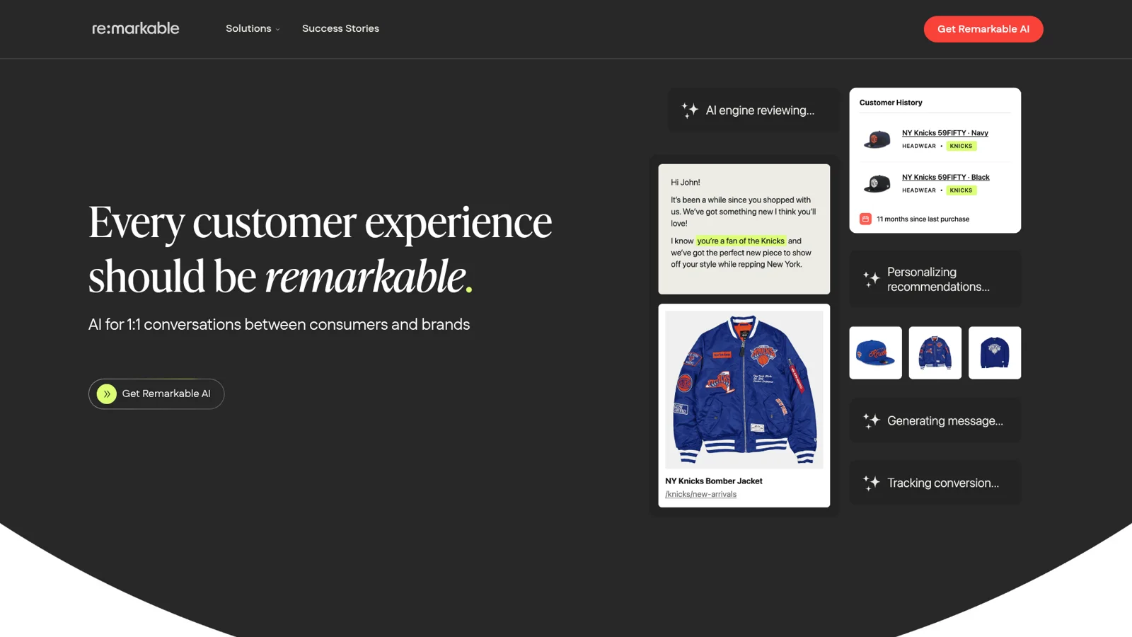 A página inicial da Remarkable AI, "Every customer experience should be remarkable", mostrando mensagens 1:1 geradas por IA, retirada da Remarkable AI