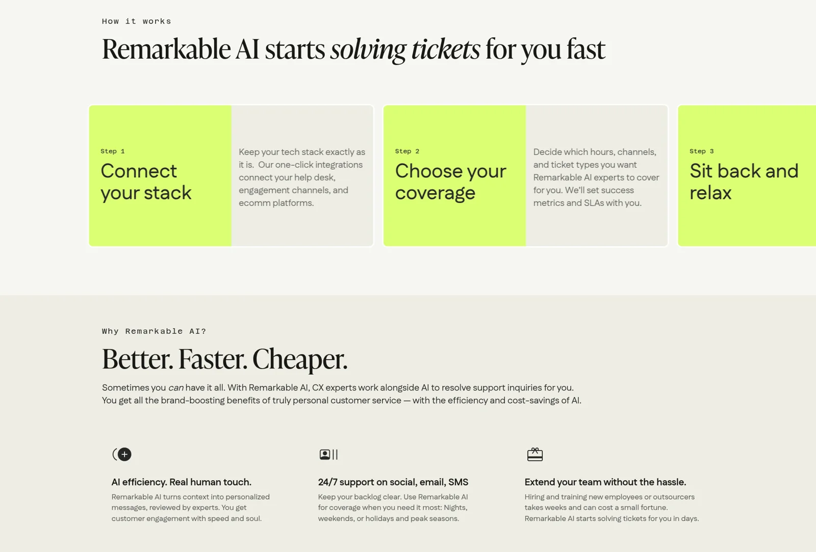 A página de suporte da Remarkable AI: conecte sua stack, escolha sua cobertura e relaxe enquanto a IA e os especialistas resolvem tickets, retirada da Remarkable AI