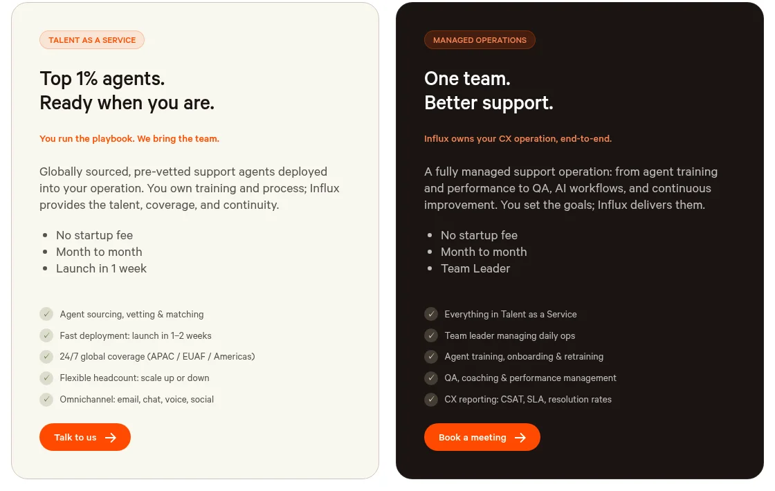 Página de preços da Influx mostrando seus dois planos, Talent as a Service e Managed Operations, ambos sem taxa de início e com contrato mensal, retirada da Influx