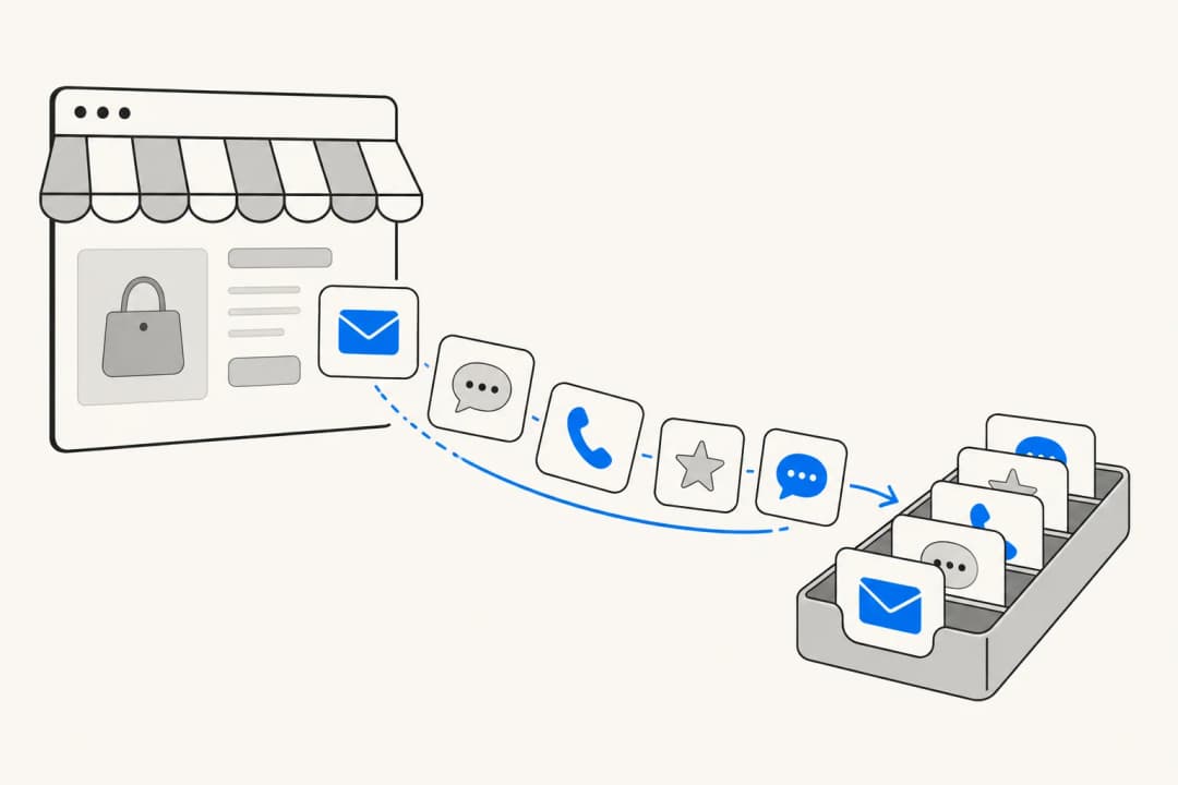 Ilustração de uma loja online enviando mensagens de e-mail, chat, telefone, avaliações e SMS por um caminho até uma bandeja bem organizada