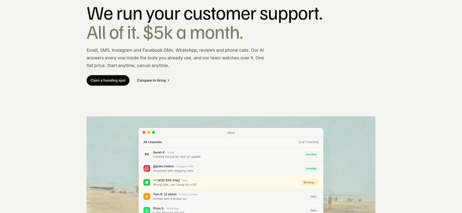 Página de destino do eesel Managed Support: "We run your customer support. All of it. $5k a month." acima de uma caixa de entrada que lida com mensagens de e-mail, DM do Instagram, SMS, avaliações de produto e WhatsApp, extraída da eesel