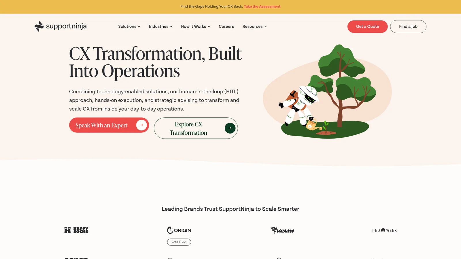 Página inicial da SupportNinja: "CX Transformation, Built Into Operations" com os logotipos de Happy Socks e Origin, extraída da SupportNinja