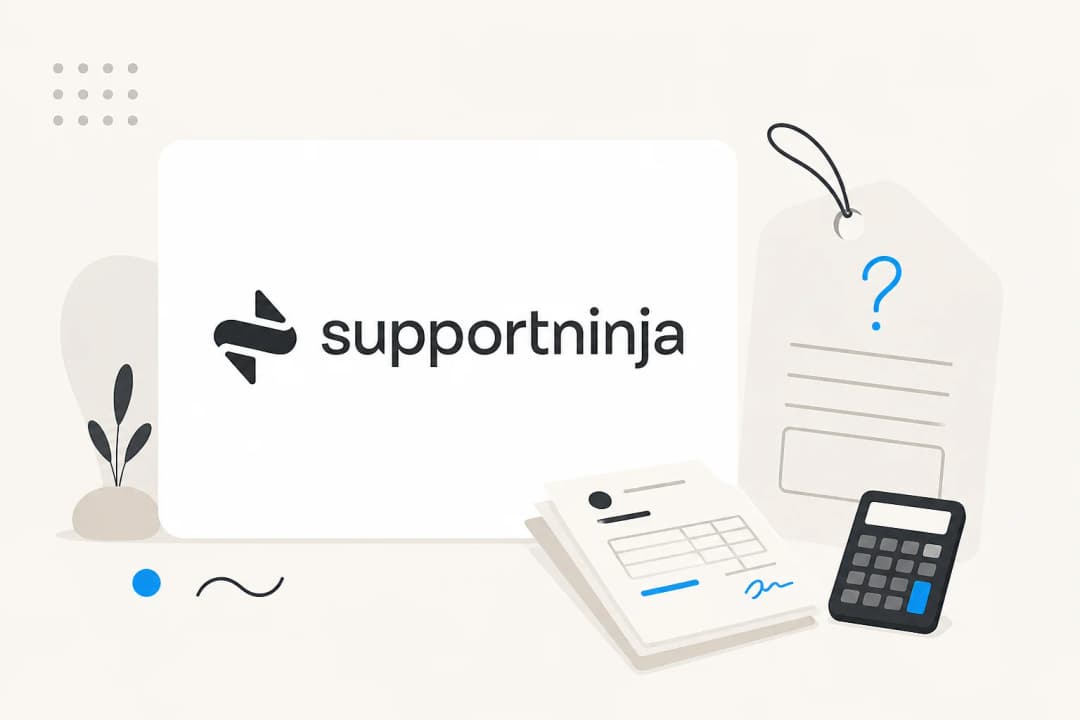 Logotipo da SupportNinja em um cartão ao lado de uma etiqueta de preço com um ponto de interrogação, faturas e uma calculadora