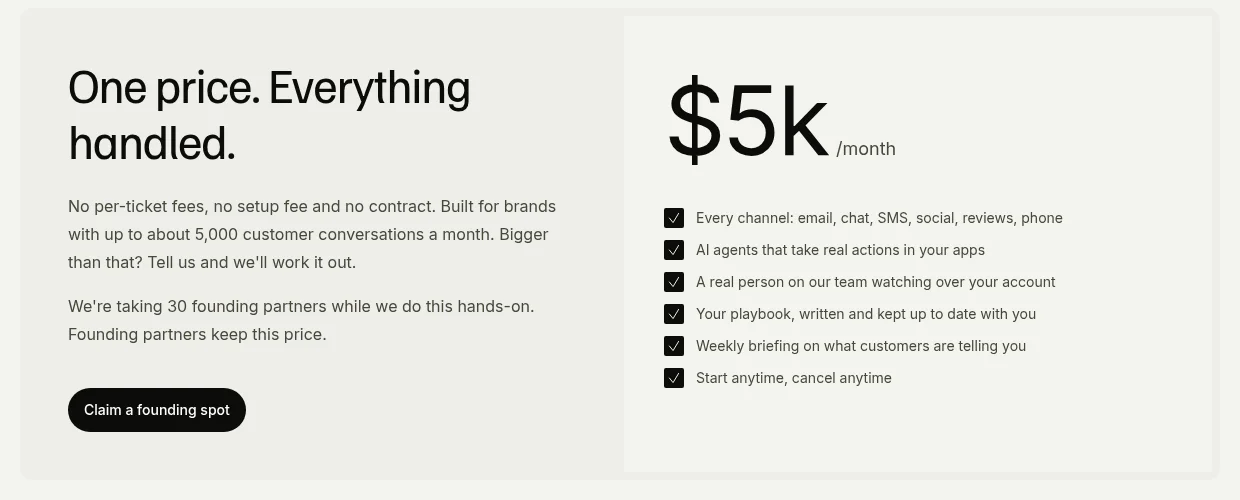 Preços do eesel Managed Support: US$ 5 mil por mês com todos os canais, agentes de IA que executam ações reais, uma pessoa real acompanhando sua conta, um playbook sempre atualizado, um resumo semanal e começar ou cancelar quando quiser, extraído da eesel