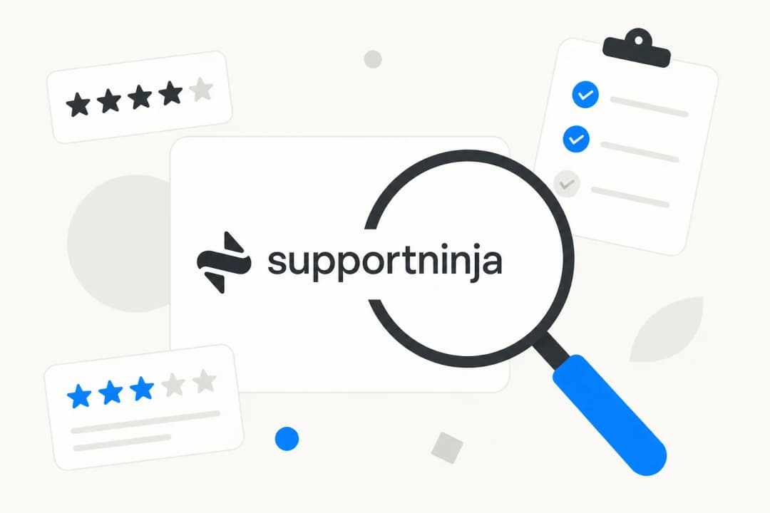 Logotipo da SupportNinja sob uma lupa com cartões de avaliação por estrelas e uma lista de verificação