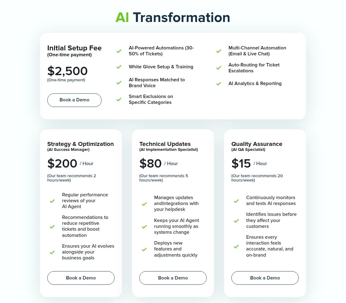 Preços da Transformação com IA da TalentPop: taxa única de configuração de US$ 2.500, Strategy and Optimization a US$ 200 por hora (2 horas por semana recomendadas), Technical Updates a US$ 80 por hora (5 horas por semana recomendadas) e Quality Assurance a US$ 15 por hora (20 horas por semana recomendadas), retirado de TalentPop