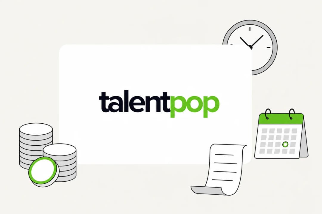 Logotipo da TalentPop em um cartão cercado por moedas, um relógio, um calendário e um recibo, ilustrando os preços da TalentPop