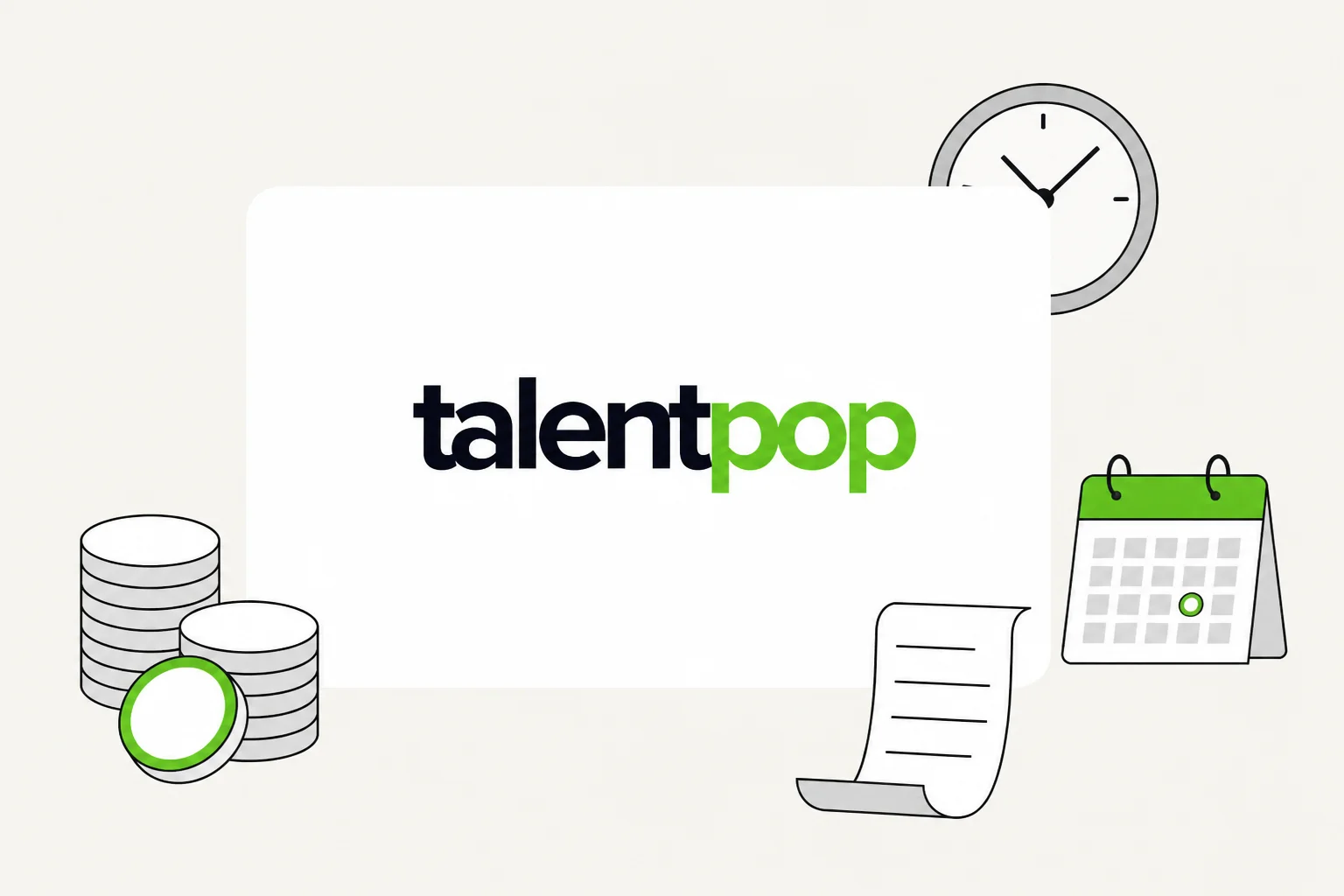 Logotipo da TalentPop em um cartão cercado por moedas, um relógio, um calendário e um recibo, ilustrando os preços da TalentPop