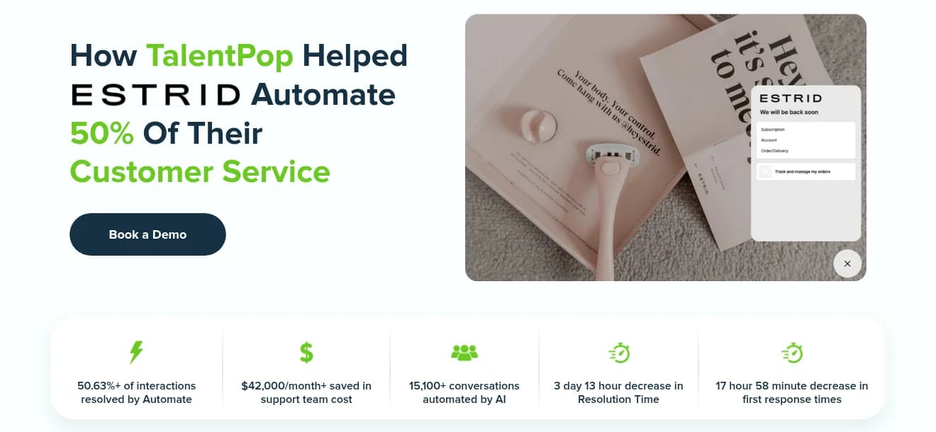 Exemplo da TalentPop com a Estrid alegando 50% de automação: mais de 50,63% das interações resolvidas pelo Automate, US$ 42.000 por mês economizados em custo da equipe de suporte, mais de 15.100 conversas automatizadas pela IA, redução de 3 dias e 13 horas no tempo de resolução e de 17 horas e 58 minutos no tempo de primeira resposta, retirada da TalentPop